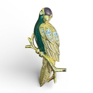 Avon Green and Gold Parrot Brooch Pin Enamel with Rhinestone